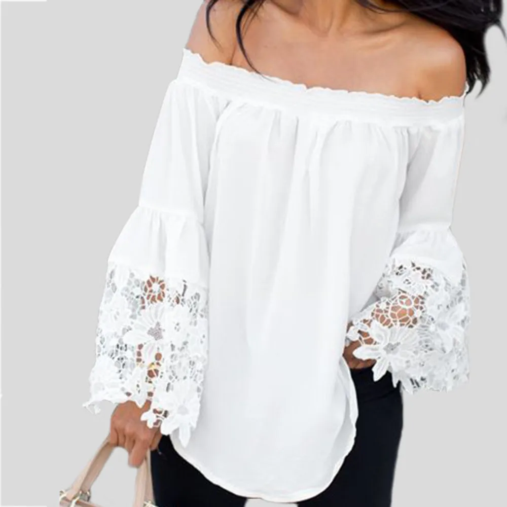 

Women White Lace Stitching Blouse Off Shoulder Flared Long Sleeves Blouse Fashion Summer Sexy Vest Casual Tops Party Holiday#121