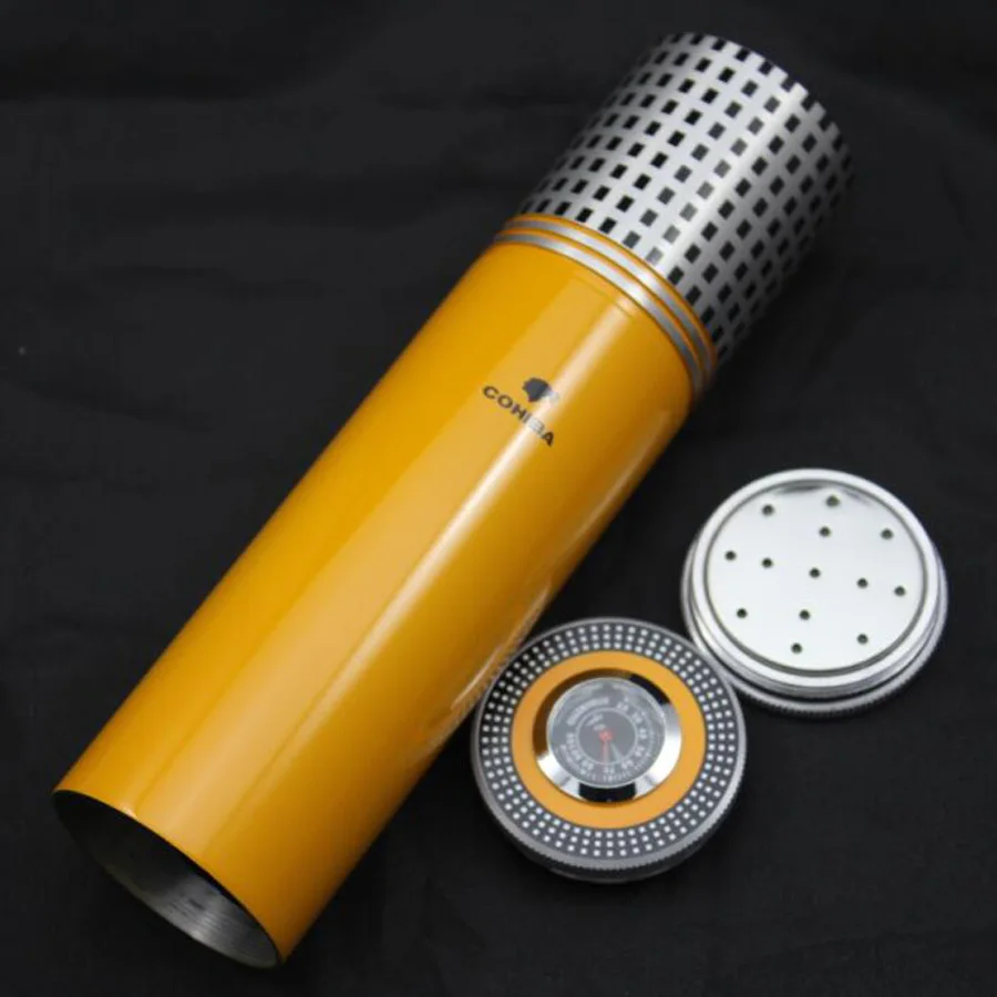 COHIBA Yellow Silver Cylindrical Travel Cigar Hydrating Tube Humidor