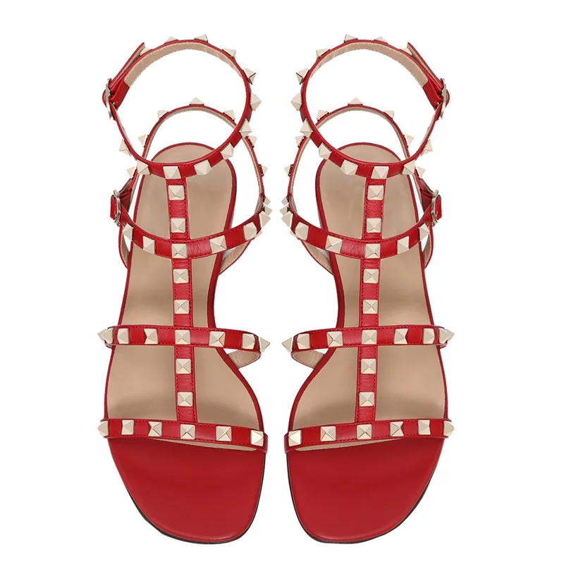 Г., летние пикантные сандалии для вечеринок из натуральной кожи женская обувь в гладиаторском стиле с заклепками Модные женские сандалии на плоской подошве обувь с пряжкой