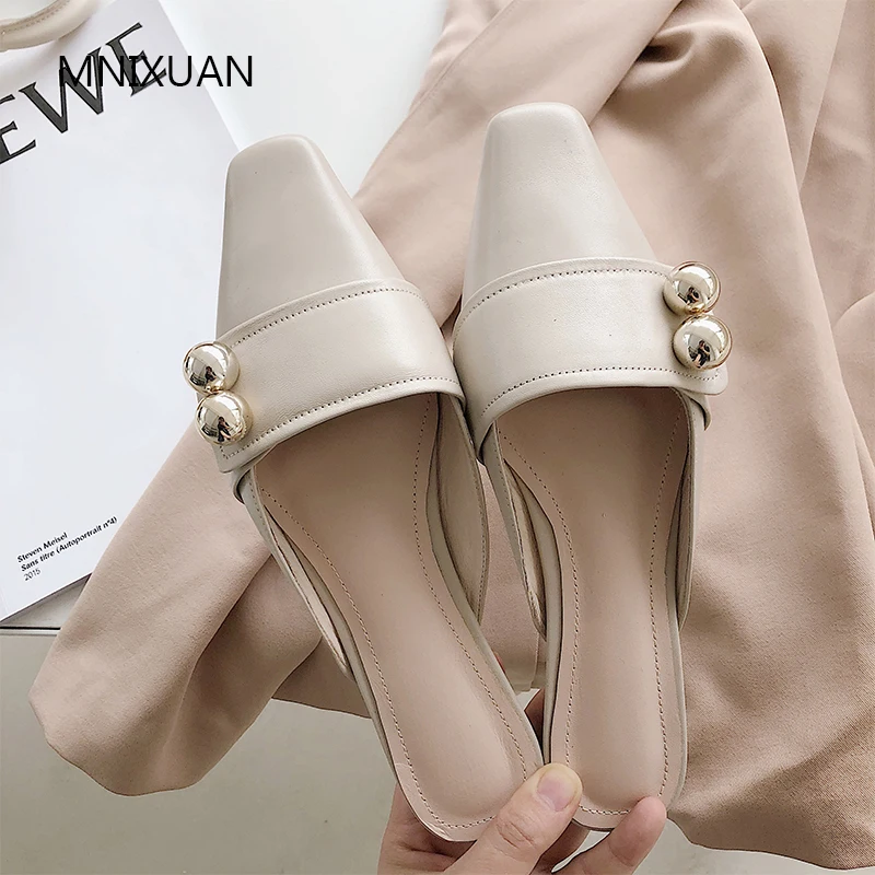 

MNIXUAN Comfortable spring women flats mules shoes 2019 new square toe sheepskin retro slip on casual lazy no heel sandals shoes