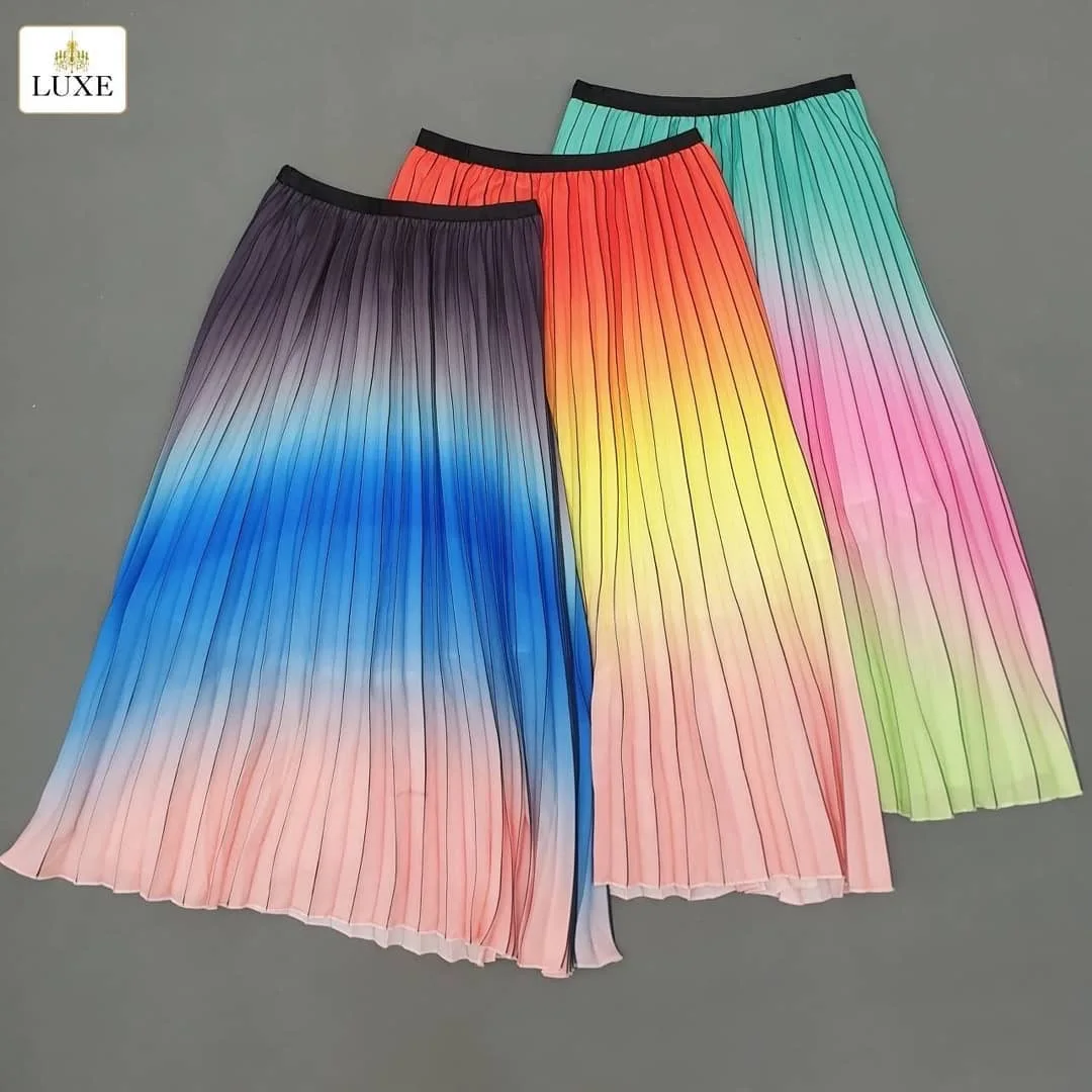 

plaid skirt Summer Pleated gradational pattern print A-line Mid-Calf skirts womens long skirt music festival clothing