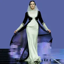 Long Sleeves Arabic Muslim Mermaid Long Evening Prom Dresses 2016 Modest High Neck Beading 2 Pieces Vestido Longo Custom Made