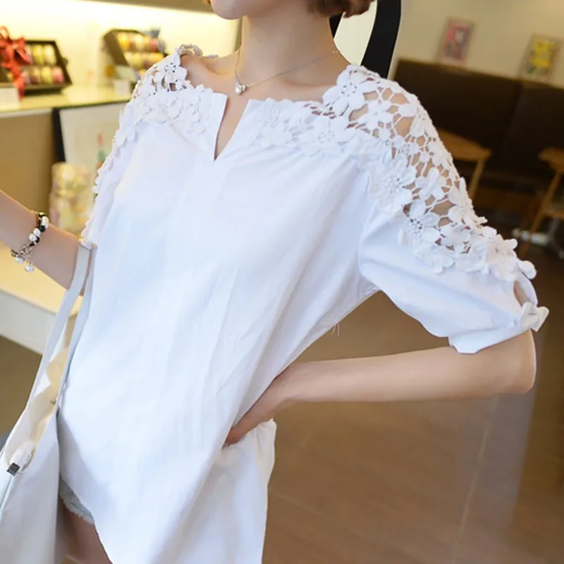 

Women Summer Strapless Off Shoulder Thin Shirt Hollow Lace Half Sleeve Shirt