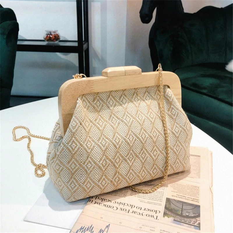 

2019 NEW Wood Clip Bag Top Handle Women Handbag Retro Geometric lattice chain Shoulder Messenger Bag for ladies Clutch Bag Purse