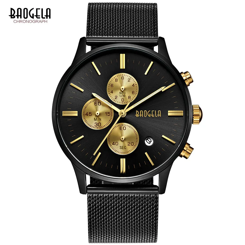 Baogela Mens Chronograph Black Stainless Steel Mesh Strap Military Sport Quartz Wrist Watches with Luminous Hands 1611G