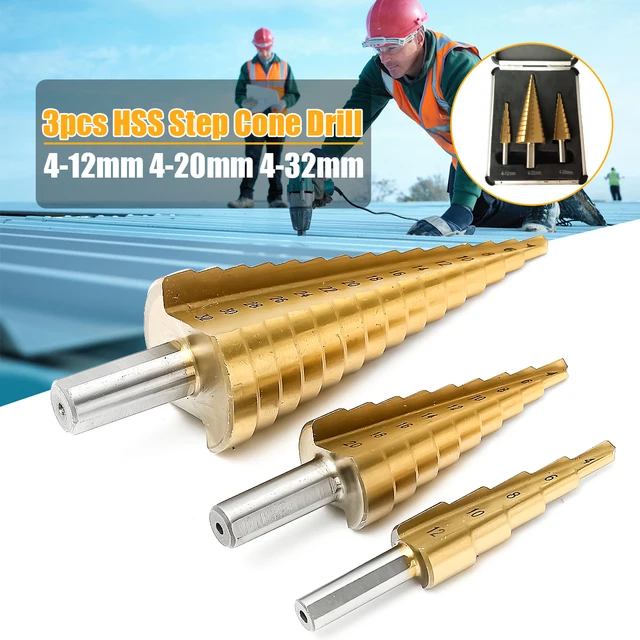 3Pcs 4-12/20/32mm Large HSS Steel Step Cone Spiral Flute Drill Bit Set Titanium Bit Hole Cutter Sharpening With Aluminum Box