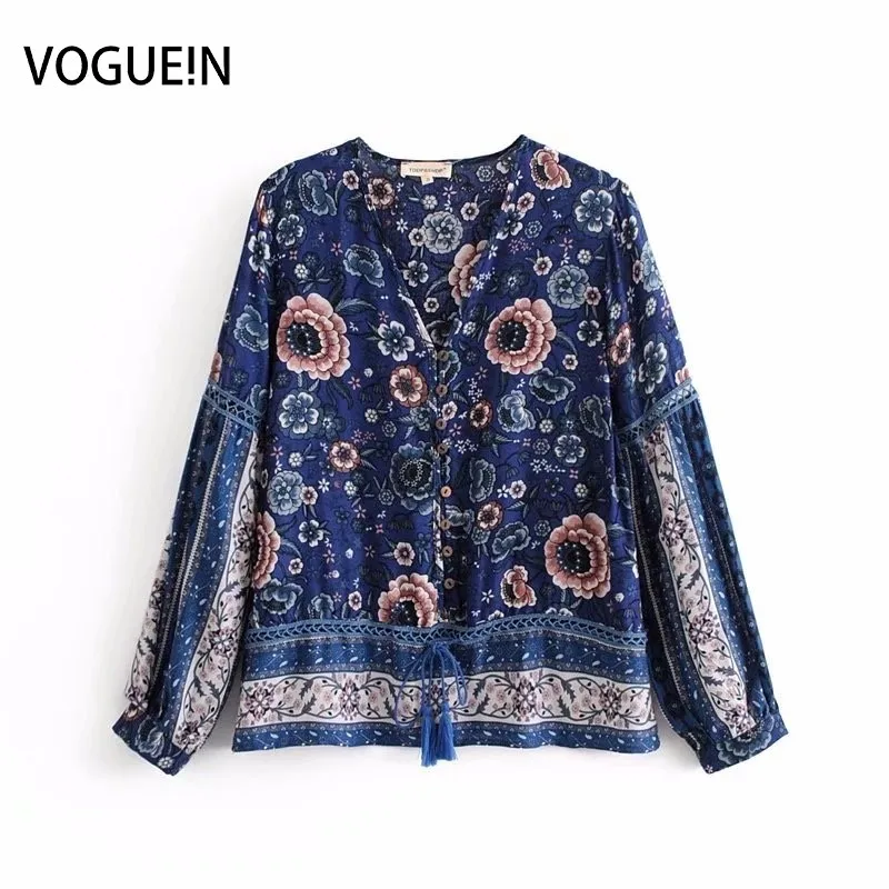 

VOGUEIN New Womens Vintage Beach Hollow Long Sleeve Floral Print Blouse Shirt Tops Blue Wholesale