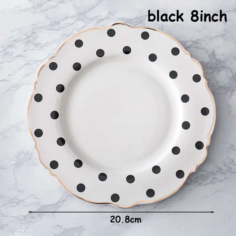 Наборы посуды и тарелок с золотыми краями, поднос для ужина в горошек, тарелка для супа, плоская тарелка в форме цветка, керамический десертный поднос, 1 шт - Цвет: Black flat 8inch