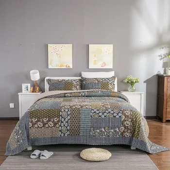

CHAUSUB Vintage Handmade Patchwork Cotton Quilt Set 3PCS Quilted Bedspread Quilts Blanket Pillowcase Coverlet Set King Size