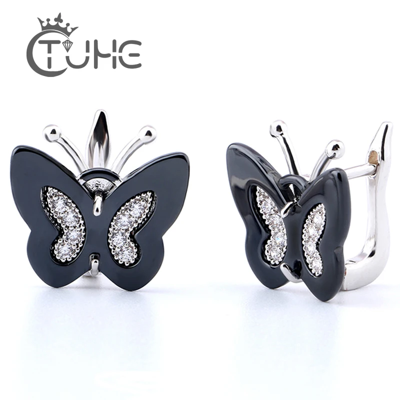 Новые Элегантные черно-белые серьги-гвоздики из керамики, дизайнерские серьги с бабочкой и блестящими кристаллами для женщин и девушек, модные ювелирные изделия