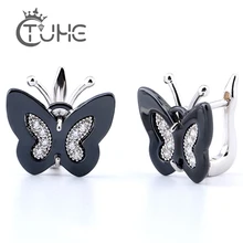 Новые Элегантные черно-белые серьги-гвоздики из керамики, дизайнерские серьги с бабочкой и блестящими кристаллами для женщин и девушек, модные ювелирные изделия