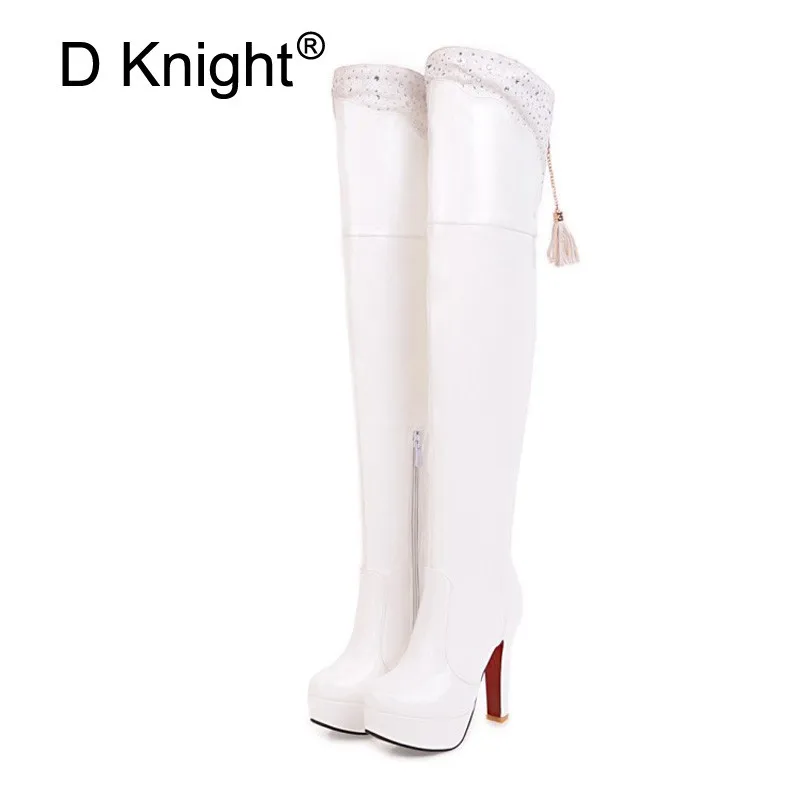 Tassel Rhinestone Thigh High Boots Patent Leather Thick Heels Over-the-Knee Boots Large Size 48 Steel Pole Dance Boots For Women (5)