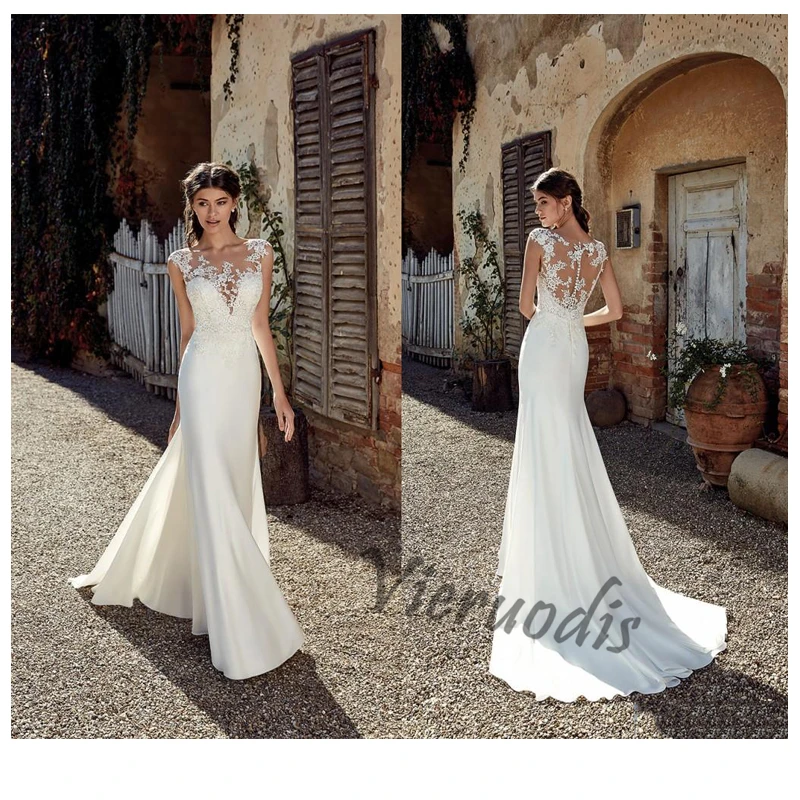 55-1             2019 Mermaid Train Illusion bridal gown dress White Ivory Sleeveless See Through Neck Appliqued Lace Wedding Dresses