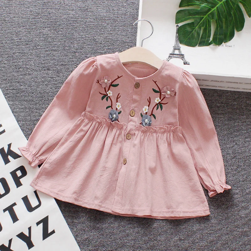 

Long sleeve dress baby girl kids embroidery v-neck puff sleeve 100% cotton cute autumn kid baby girls dress 2018