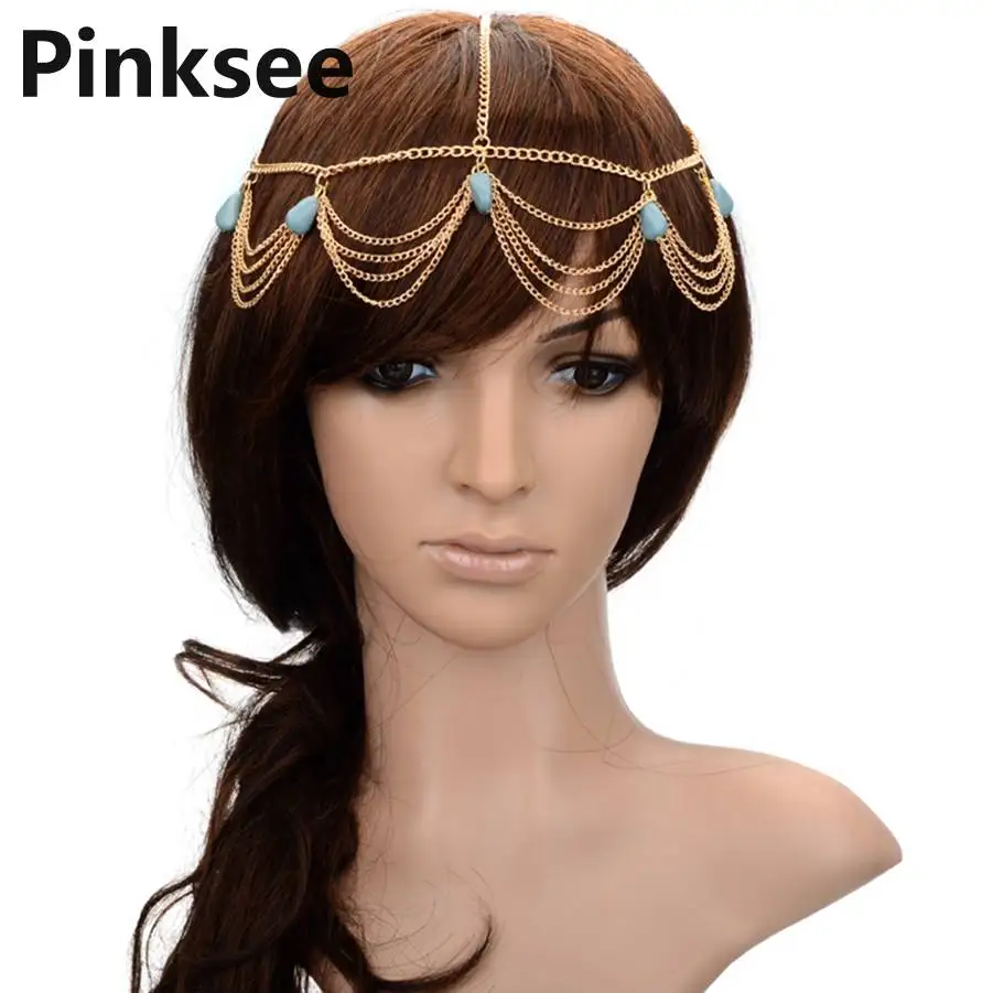 BOHO Gold Headpiece Stone Pendant Forehead Headband Jewelry Charm Head
