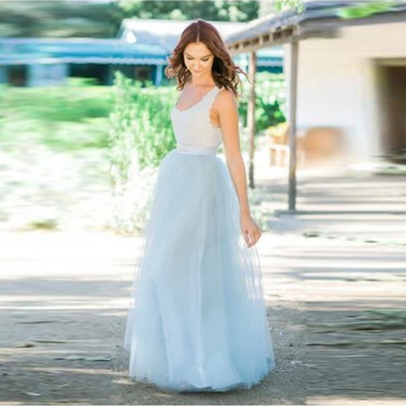 Fresh Light Blue Long Skirt Satin Waistline A Line Floor Length Maxi