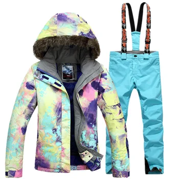 

Ski suit women blue Warm Waterproof ski suit women outdoor skiing prints snowboard jacket Sets outdoor sportswear suit