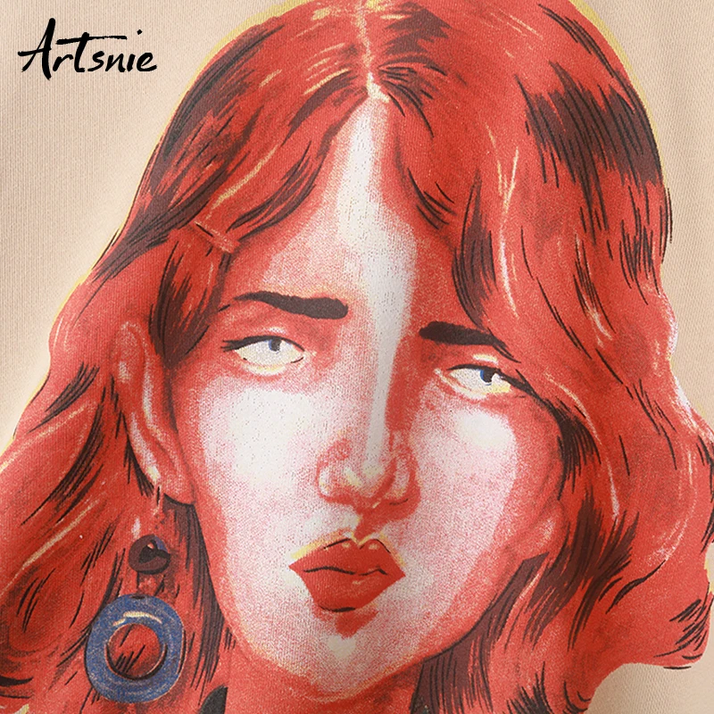 Artsnie, уличная одежда, принт с персонажами, Женская толстовка, весна, о-образный вырез, длинный рукав, пуловер, вязаный, негабаритный, с капюшоном, толстовки