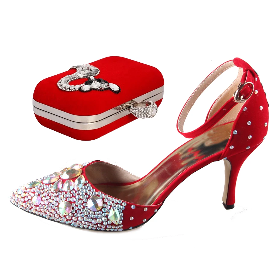 Hot red D'orsay pointed toe flock skin woman lady heels shoes with matching crystal fox clutch bag handbag wedding party banquet