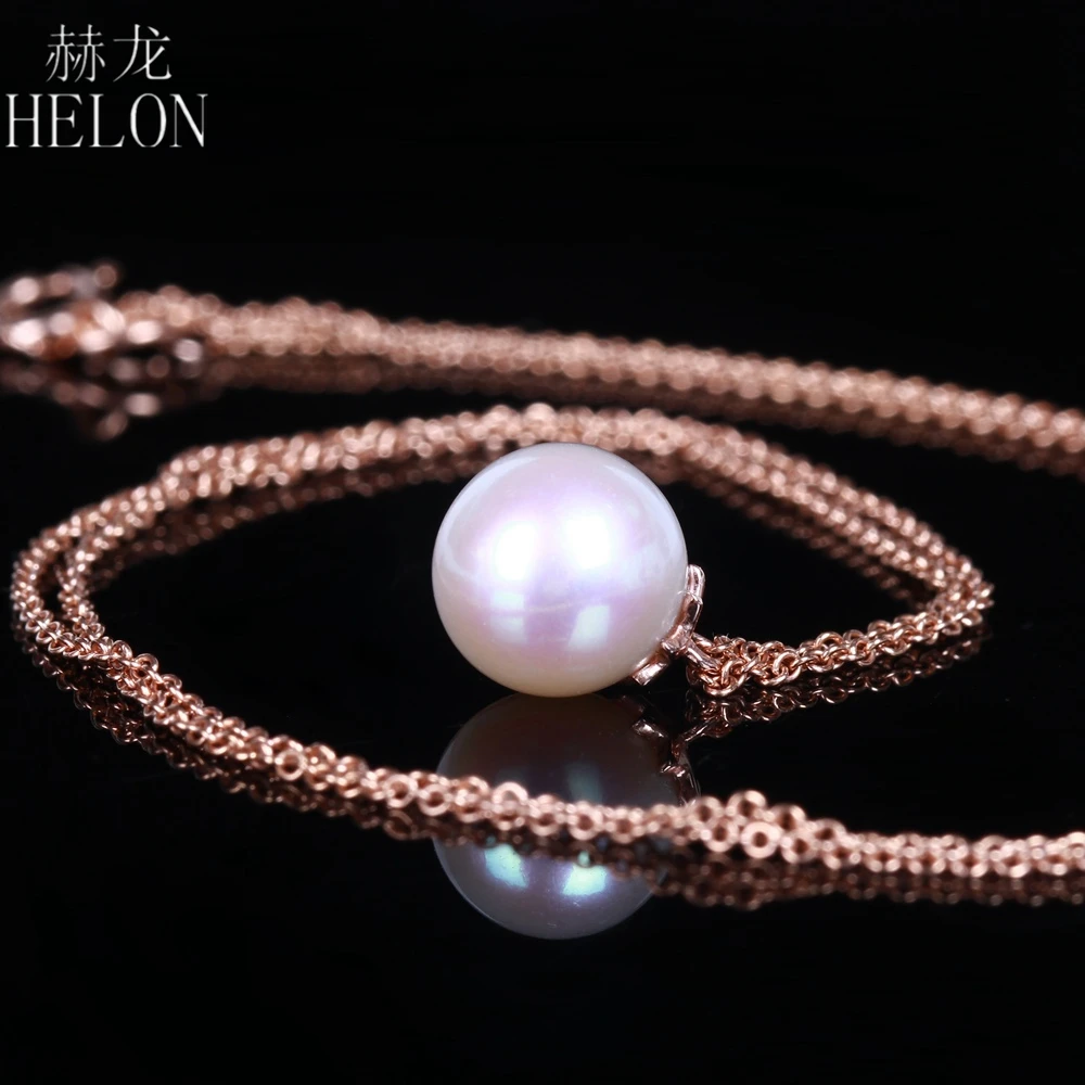 HELON Elegant Dangle Round 8mm White Fresh Water Pearl Chain 18K Solid Rose Gold Simple Design Pearl Necklace Women Jewelry