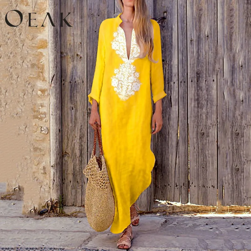 

Oeak Autumn Women Plus size Linen Dress Retro Cotton Shirt Dress Long Sleeve Casual Line Blouse Dress S-3XL