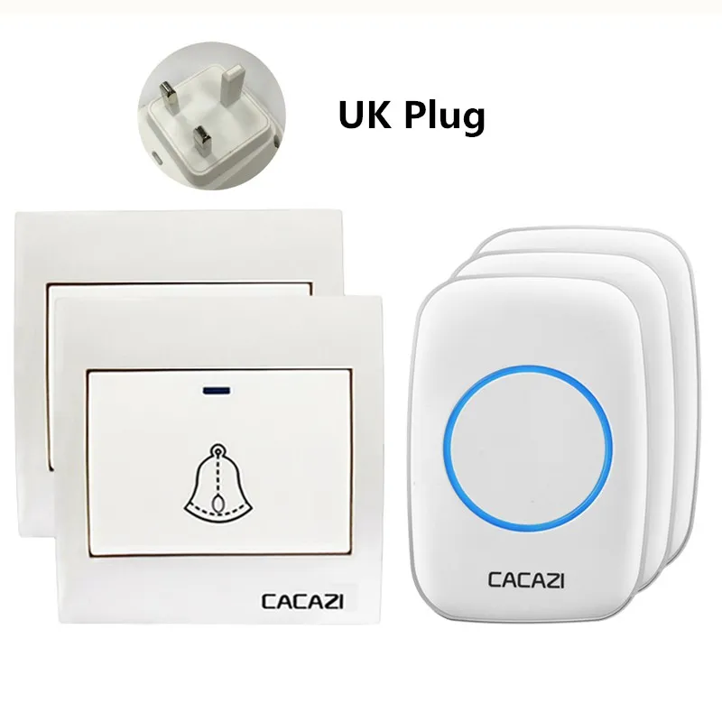 CACAZI Smart Беспроводной дверной звонок Водонепроницаемый передатчик ЕС Plug 300 м удаленного Главная вызова колокол светодиодный Батарея Кнопка 36 перезвон 4 объем - Цвет: White 2x3 UK