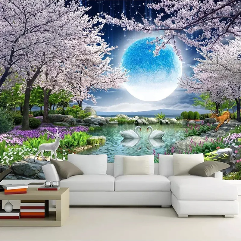 Custom Mural Wall Paper Moon Cherry Blossom Tree Nature Landscape Wall Painting Living Room Bedroom Photo Wallpaper Home Decor