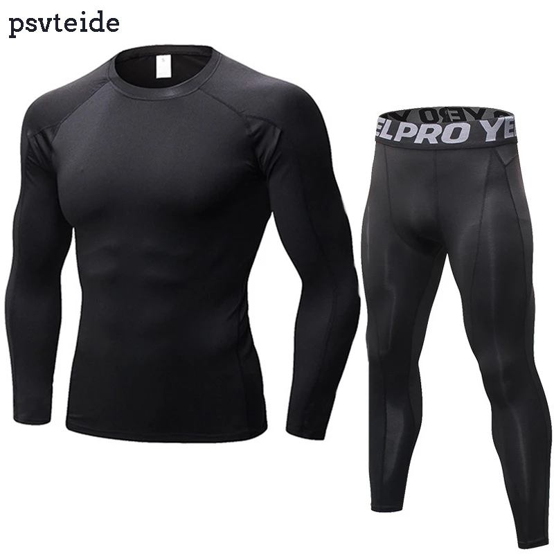 Mens Workout Sport Outfits Athletic Tights Compression Long Pants and T Shirts