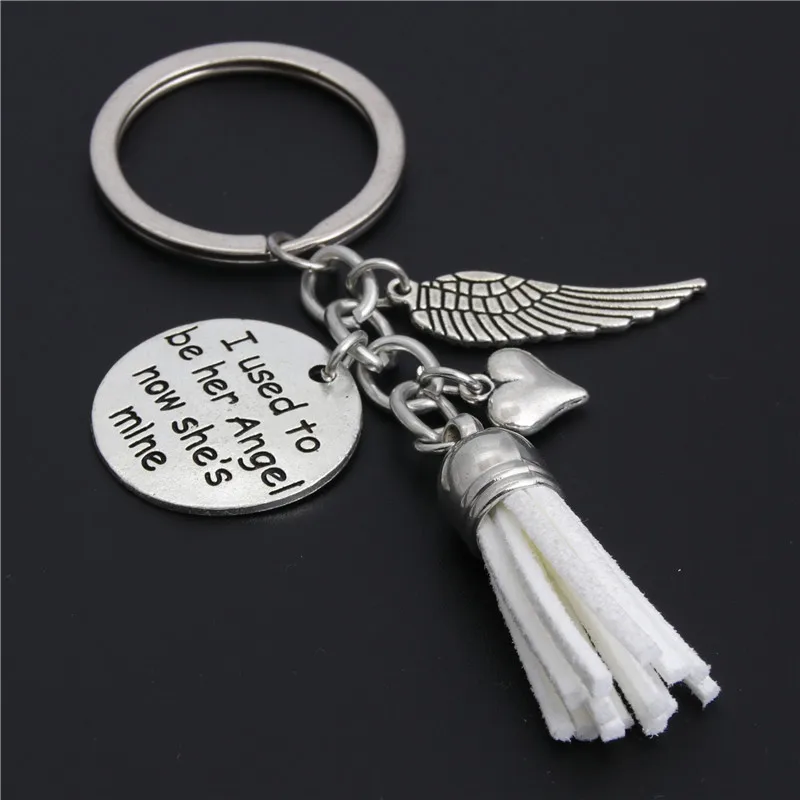 

1pc Heart Wings Keychains With White Tassel Keyring Gift Mom In Memory Of Mom I Used To Be Her Angel Now She's Mine E2182