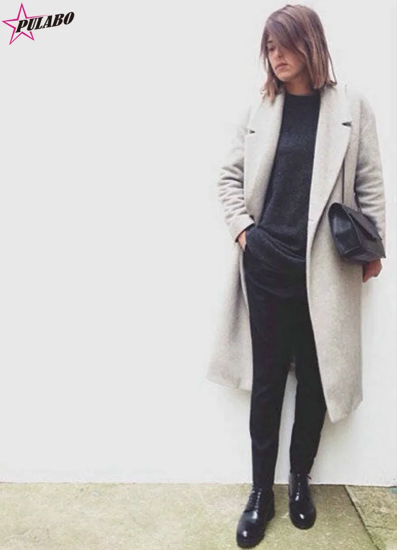 Winter Women's Wool Blend Long Coat 2019 New Hollywood Warm X-Long Oversize Cashmere Turn-down Collar Outwear Coats Grey Trench