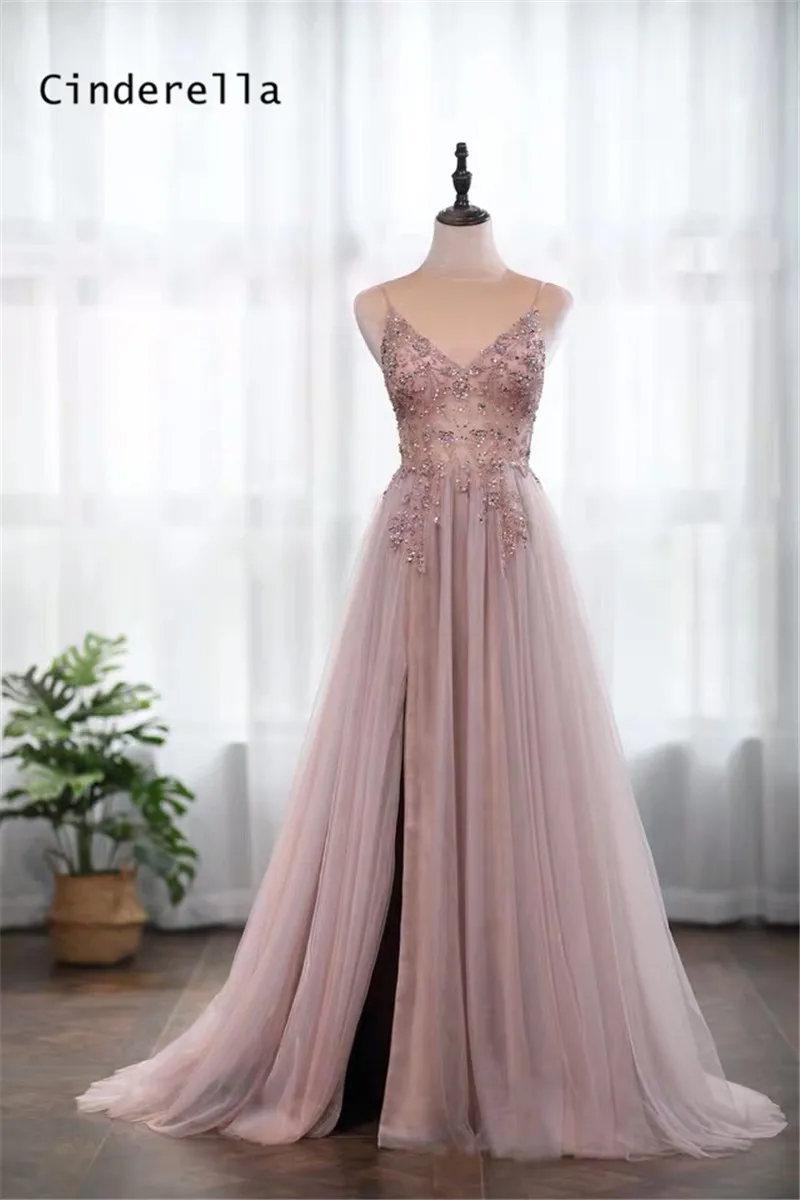 Cinderella-Champagne-V-Neck-Sleevless-Crystal-Beading-Soft-Tulle-Evening-Dresses-Prom-Party-Gowns-Evening-Dresses