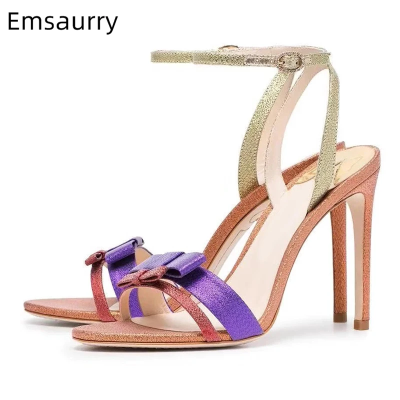 

Mixed Color Butterfly-knot Gladiator Sandals Women Stiletto Heel Open Toe Luxury Satin Ankle Strap Pink Bowtie Summer Shoes
