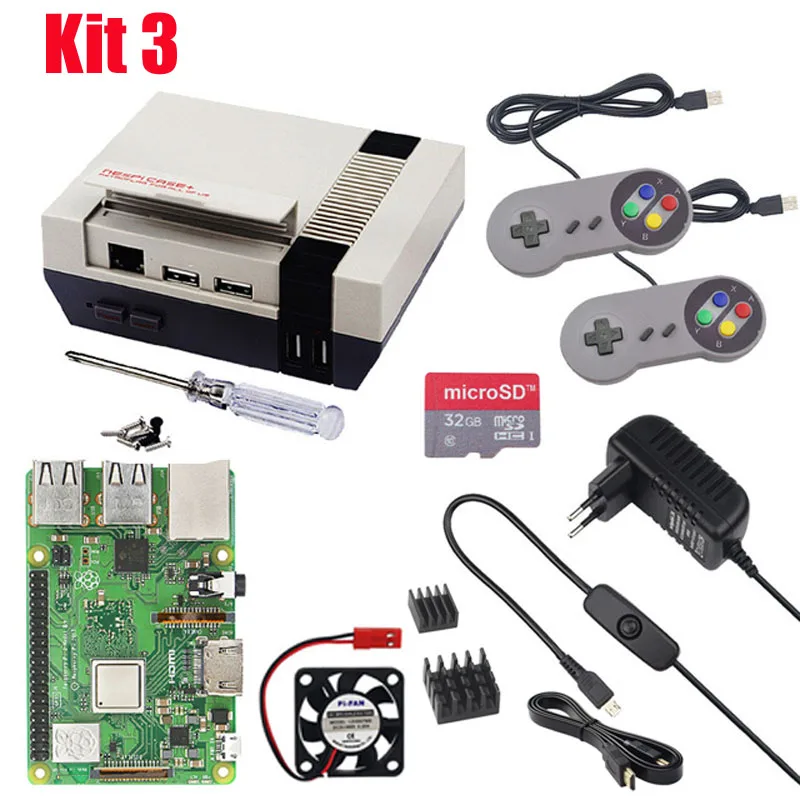  Raspberry Pi 3 Model B+ NESPi CASE Plus+ 2 Wireless Gamepad + 32GB SD Card + 3A Power Adapter + Fan