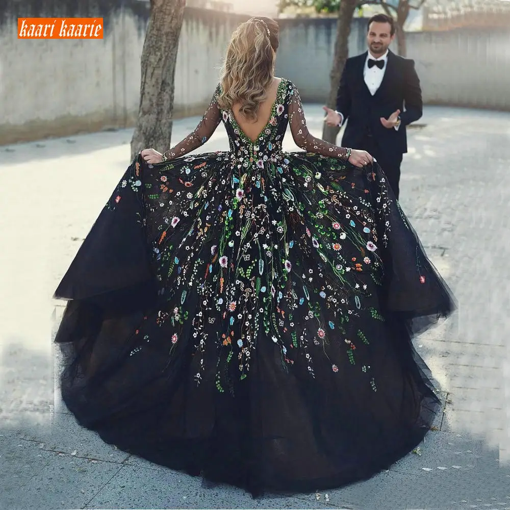 Elegant Black Embroidery Evening Dress Long Sleeve Formal Dresses 2019 Plus Size Evening Gown V Back Celebrity Pageant Gowns New