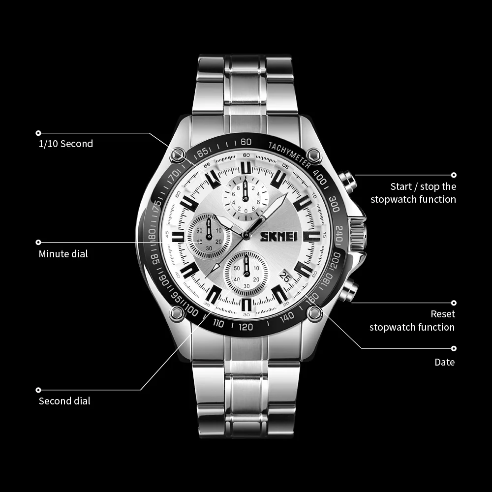 SKMEI Brand Business Men Watch Chronograph Date Sport Quartz Watch Men Stainless Steel Waterproof Mens Watches Relogio Masculino