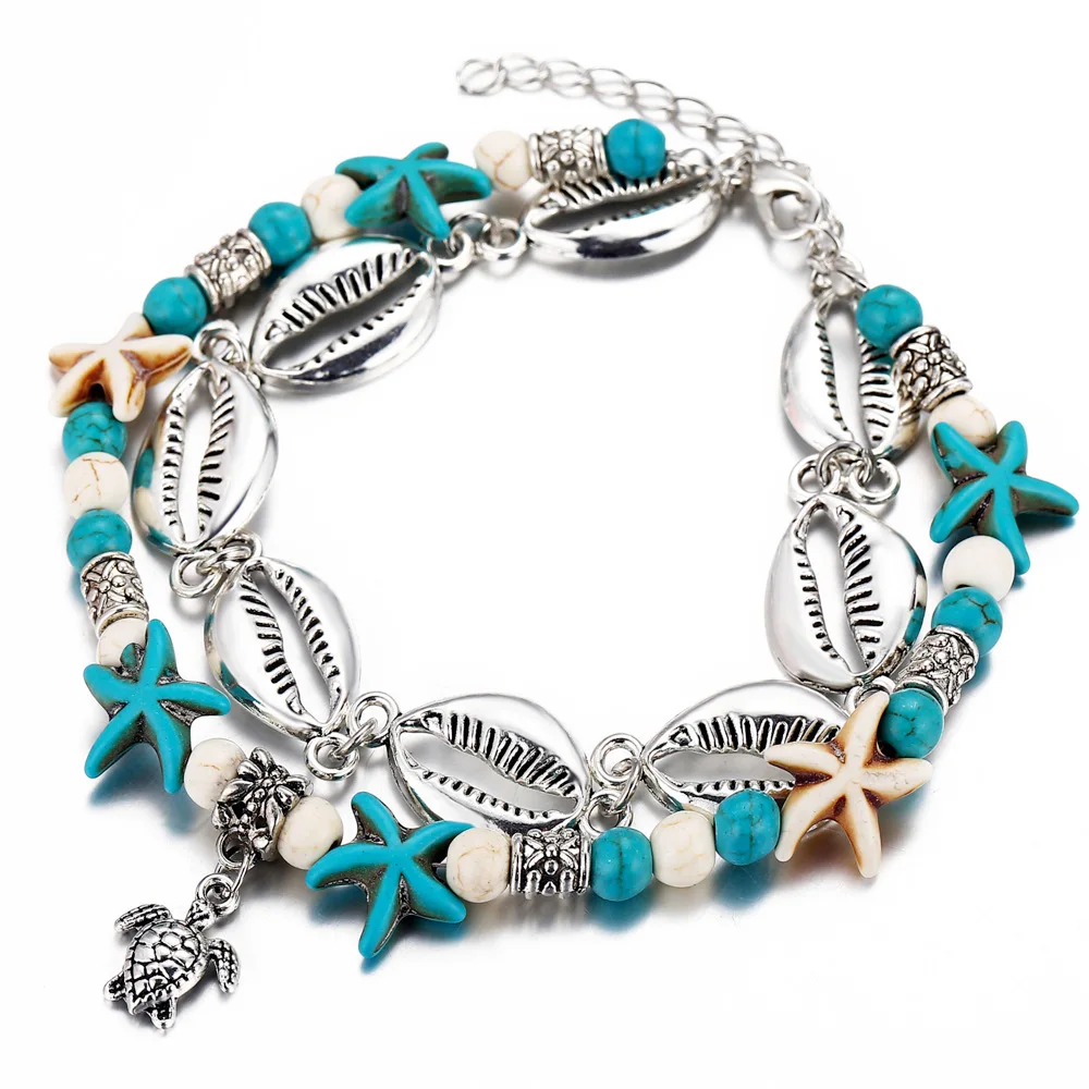 

XSLIVE Europe and the United States foot jewelry two-layer bracelet anklet foot metal turtle pendant starfish anklet two-piece