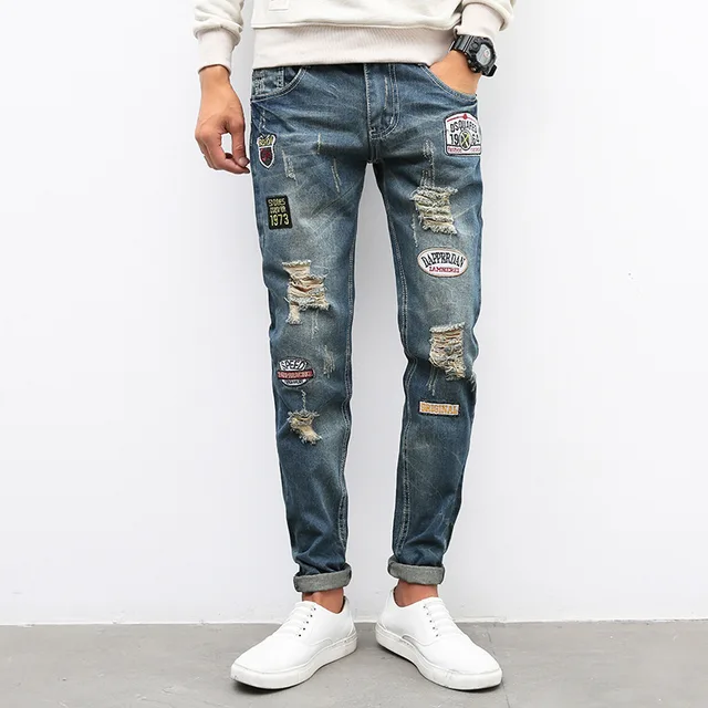 new 2017 spring fashion men jeans biker hole patches design denim
