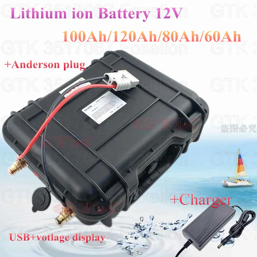 12 В 100AH портативный комплект литий-ионный батарей с системой BMS+ зарядное устройство+ ЕС США Водонепроницаемая коробка