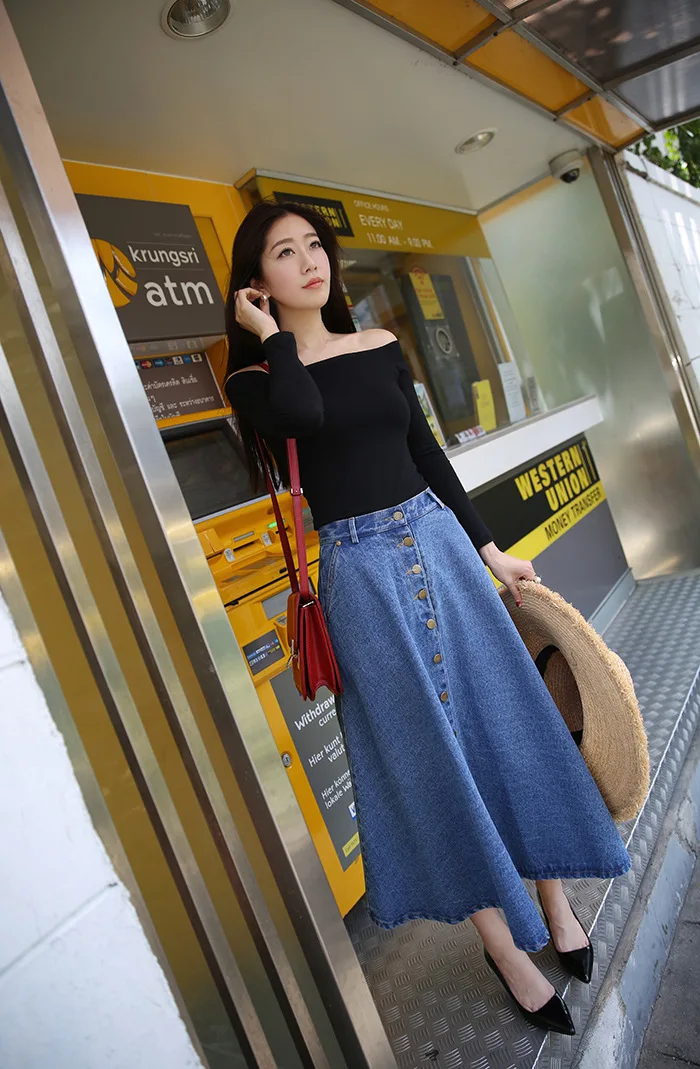 HATCAT корейская джинсовая юбка бальное платье консервативный Стиль Женская однотонная длинная джинсовая юбка с высокой талией Женская Большой Подол Макси Плюс Размер