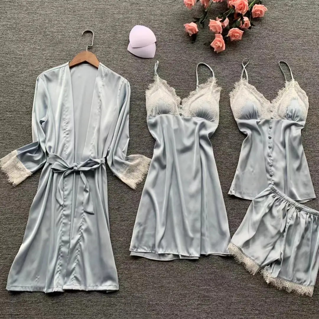 

MECHCITIZ 4 Pieces Women Pajamas Sets Satin Sleepwear Silk Nightwear Pyjama Robe Short Strap Sleep Lounge Pijama with Chest Pads