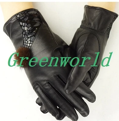 Free shipping New winter motorbike electric bicycle woman sheep genuine leather driving waterproof black gloves h-0085