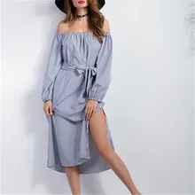 Primavera 2017 Casual e Elegante Vestido Sexy Hot Off Ombro Top Cintura Alta Dividir Vestido Túnica Coreano Longo de Uma Linha Do Vintage