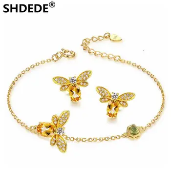 

SHDEDE 925 pure silver color jewelry 100% natural Topaz miniature inlaid small bee fine Bracelet Earring sets accessories