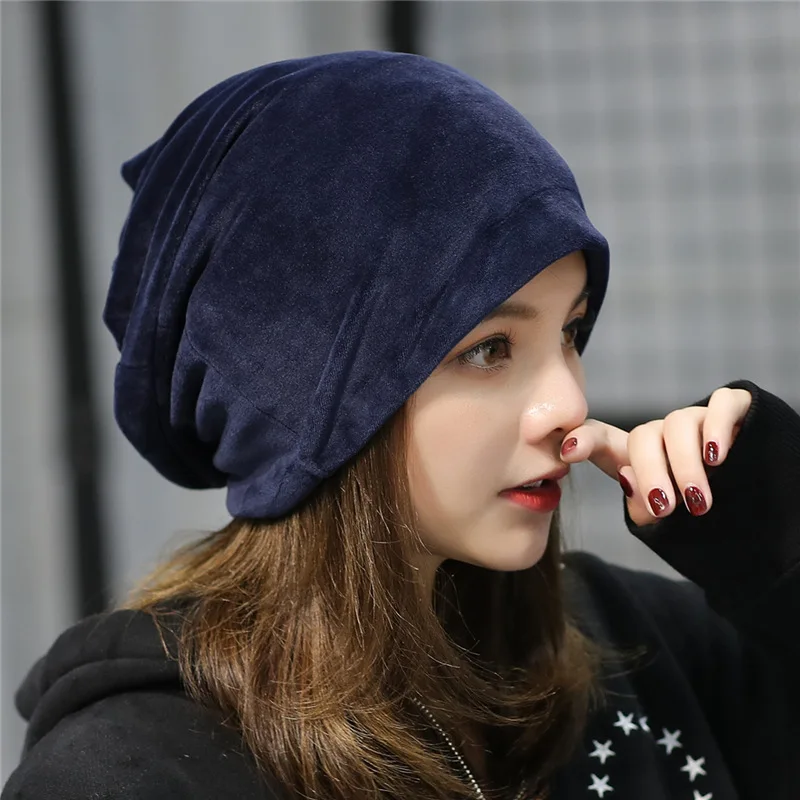 

2019 New Casual Velvet Beanies Winter Spring Outdoor Ski Caps Collar Cool Solid Slouch Hip-Hop Hat Hedging Cap Female Women Girl