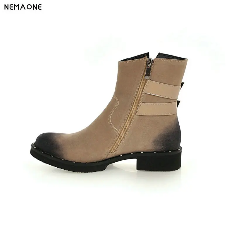 

NEMAONE Womens Ankle Boots Low Heel Rivet Buckle Zipper Round Toe New Western Winter Boots large size 43