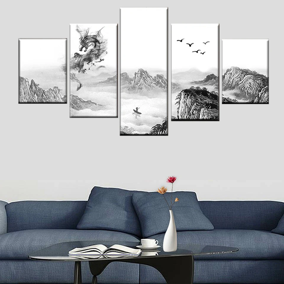 

5 panel Chinese ink painting poster modern wall art for living room abstract painting canvas modular picture home decoration