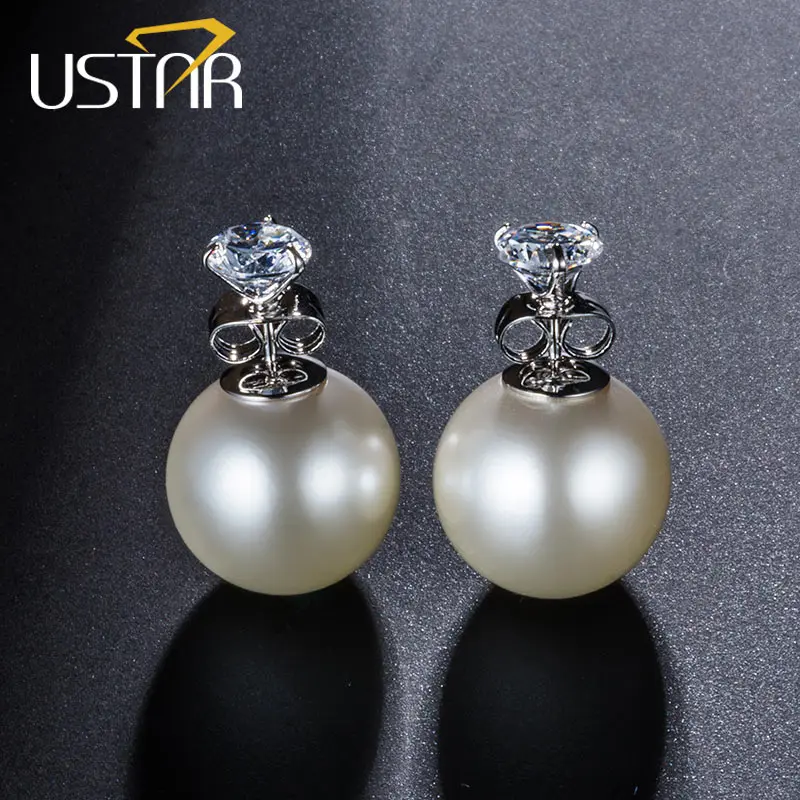 

USTAR Simulated pearl stud earrings for women Silver color AAA Zircon Crystal earring female fashion Jewelry Brincos top quality