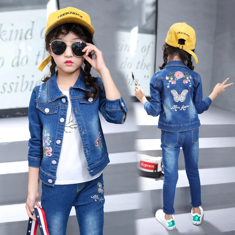 

butterfly Print Girl's Clothing Set for Spring Baby Girl Denim Suit cotton Denim Long Sleeve Jacket+denim Jeans 2pcs set