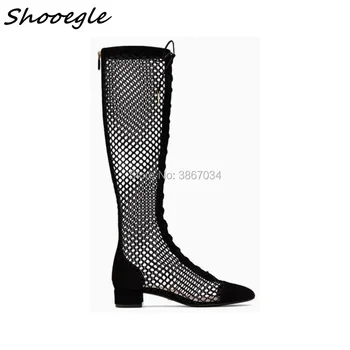 

SHOOEGLE Retro Lace Up Boots Black Mesh Chunky Heel Knee High Summer Sandals Boots Sexy Cross Strappy Gladiator Sandalias Mujer