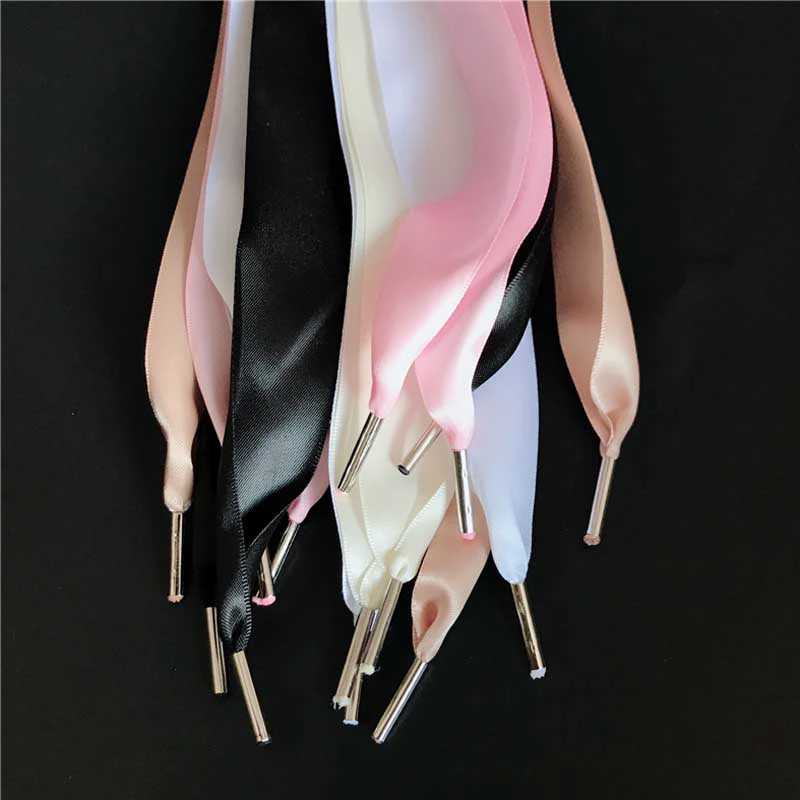 3 Pair Shoelaces Wide 3 cm Thin Polyester Imitation Satin Metal Head Laces Double Sided Canvas Shoes Lace Black White Khaki Pink